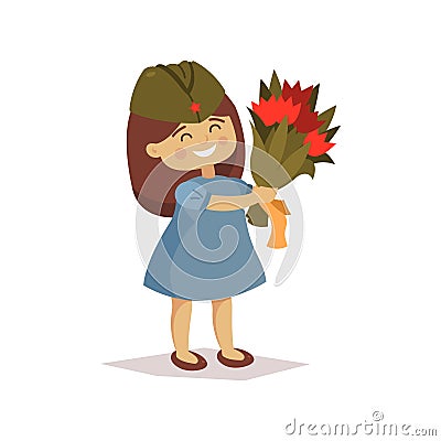 The girl gives flowers to the veteran. May 9. Victory Day. Grandfather and girl, granddaughter. Cartoon vector Vector Illustration