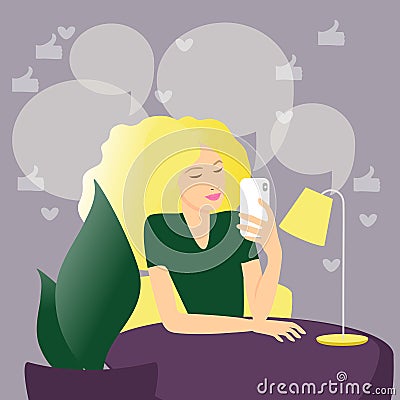Girl gives a selfie on a smartphone. A blogger or opinion leader is at home. Vector Illustration