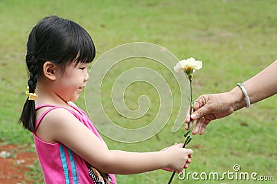 Girl giving carnation to mother. Stock Photo