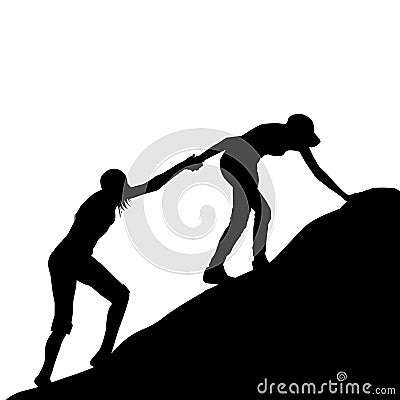 Girl giving helping hand to her friend to climb up the last sect Vector Illustration