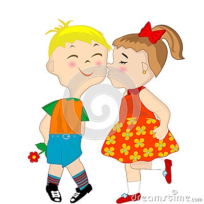 Girl giving a shameful boy a kiss on the cheek Vector Illustration