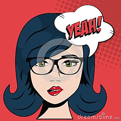 Girl glasses and blue hair bubble speech pop art Vector Illustration