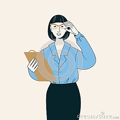 A woman in a business suit holds documents in her hands Vector Illustration