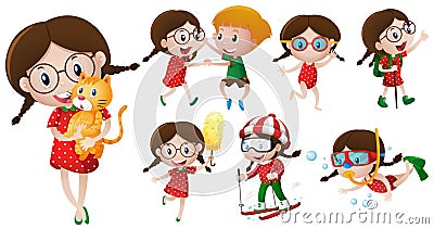 Girl with glasses doing different activities Vector Illustration