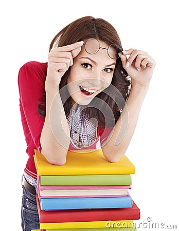 Girl in glasses with pile book . Stock Photo