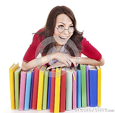 Girl in glasses with pile book . Stock Photo
