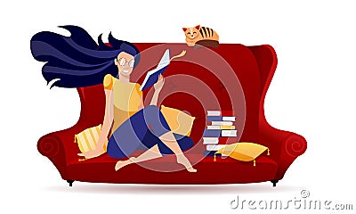 Girl in glasses reading a book in red retro sofa with cat. Stylized character young woman at home.Reading book in soft Vector Illustration