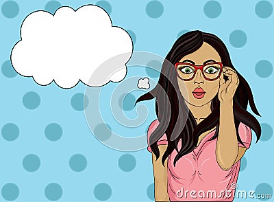 Girl with glasses surprised. Pop art style. Wow. Beautiful Vector Illustration