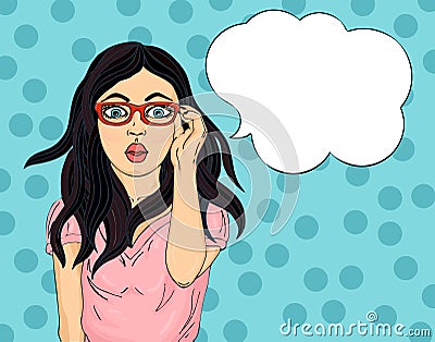 Girl with glasses surprised. Pop art style. Wow. Beautiful Stock Photo