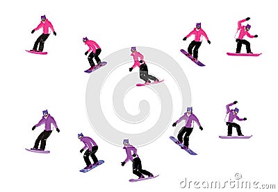 Girl goes snowboarding in different phases of movement. Illustration isolated on white background Stock Photo