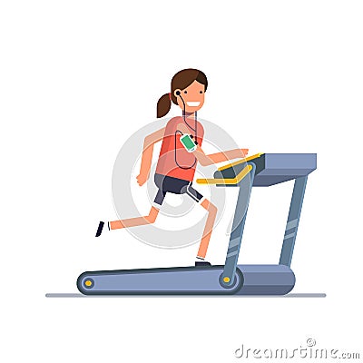 The girl goes in for sports on a treadmill while listening to music through the phone. Vector Illustration