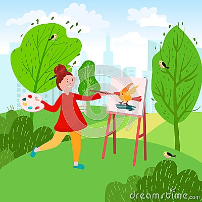 Girl goes to park for Plein air. Woman artist is painting outdoors with color, easel and canvas. Young artist on open Vector Illustration