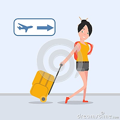 The girl goes on vacation . Flies rest. Flat. Stock Photo