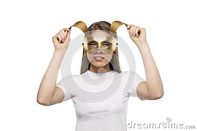 Girl with golden mask Stock Photo