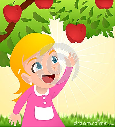 Girl grabbing an apple from a tree Cartoon Illustration