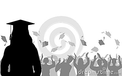 Girl graduate on background of joyful crowd of graduates throwing their academic square caps, silhouettes. Graduation ceremony. Vector Illustration