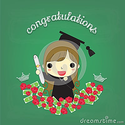 Girl graduate with flower and money on board Vector Illustration