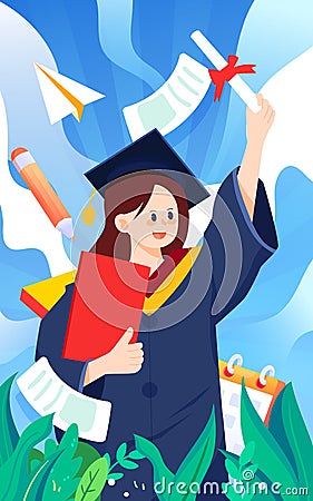 Girl graduates in a bachelor's uniform with books and papers in the background Vector Illustration