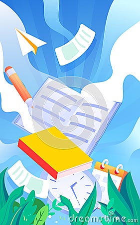 Girl graduates in a bachelor's uniform with books and papers in the background Vector Illustration