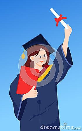 Girl graduates in a bachelor's uniform with books and papers in the background Vector Illustration