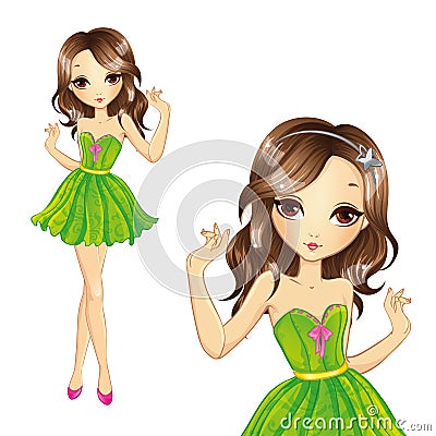 Girl In Green Dress Dancing Vector Illustration
