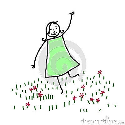 Girl in the garden feeling good, is joyful and running jumping on the lawn outdoors, cartoon.n Cartoon Illustration