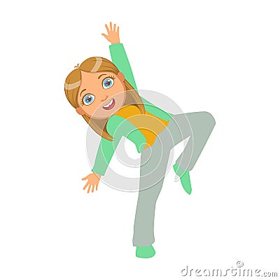 Girl In Green Jacket Dancing Breakdance Performing On Stage, School Showcase Participant With Musical Artistic Talent Vector Illustration