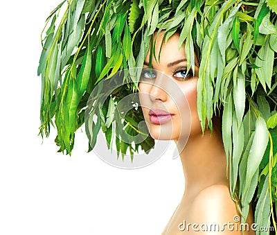 Girl with green leaves on her head Stock Photo