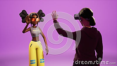 Girl greeting virtual avatar in the Metaverse Stock Photo