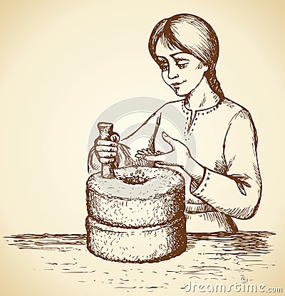 Girl grinds grain at mill. Vector drawing Vector Illustration