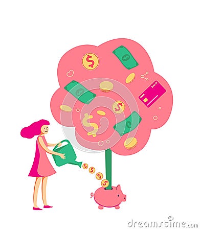Girl growing money tree by coins. Trader, investor concept for stock trading. Flat vector design - passive investment Vector Illustration