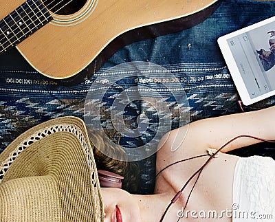 Girl Guitar Beach Music Song Headphone Rhythm Concept Stock Photo