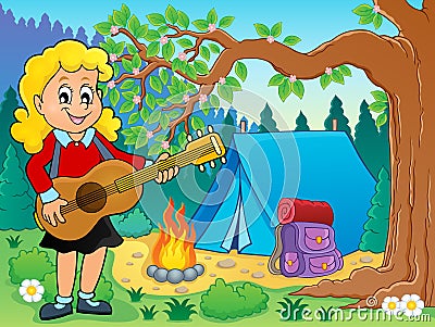 Girl guitar player in campsite theme 2 Vector Illustration