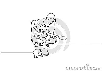 Girl with a guitar. single line drawing. Continuous one lineart of music song writer concept. Woman sing and arrange songs notes Vector Illustration