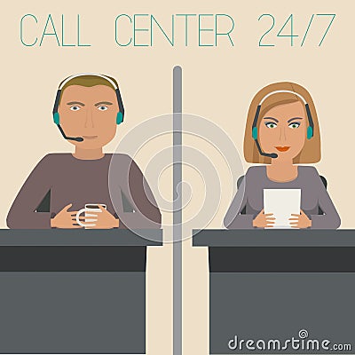 A girl and a guy working in support, call center. Vector Illustration