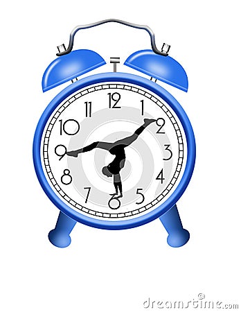 A girl gymnast balances in a hand stand on the face of a clock Cartoon Illustration