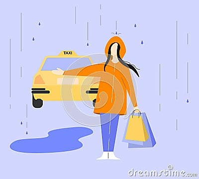 girl is hailing a taxi cab Vector Illustration