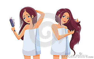 Girl with hair problem, fall, alopecia, damage, before after beauty woman cartoon style Vector Illustration