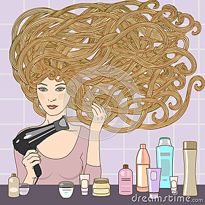 Girl with hairdryer Cartoon Illustration