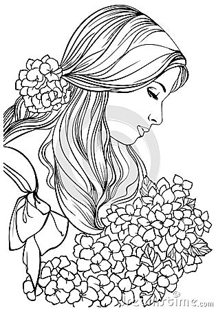 Girl with a hand-drawn bouquet. Black and white vector Vector Illustration