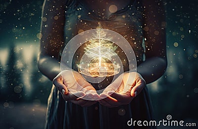 Girl hands holding shiny magic tree. Spiritual concept of life and growth. Stock Photo