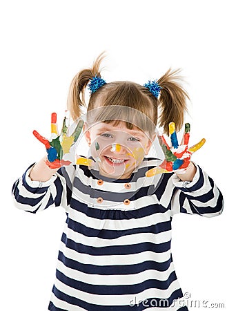 Girl with hands soiled in a paint. Stock Photo