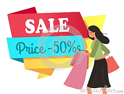 Girl with a hanger with dress in her hands goes shopping. Buyer during a fifty percent discount Vector Illustration