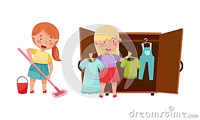 Girl hanging clothes on hangers and mopping floor with mop. Kids helping parents with housework, household chores Vector Illustration