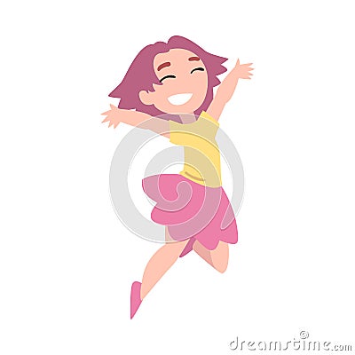 Girl Happily Jumping, Smiling Preschooler Girl in Dress Having Fun Cartoon Style Vector Illustration Vector Illustration