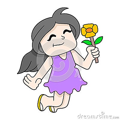 Girl is happy carrying a blooming sunflower, doodle icon image kawaii Vector Illustration