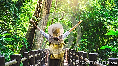 Women travel relax nature in the holiday. Nature Study in the forest. The Girl happy walking and enjoying Tourism in through the Stock Photo