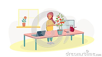 Girl harvests tomato at home. Tomatoes have grown in a flowerpot on the table. Crop production lessons online. Vector Stock Photo