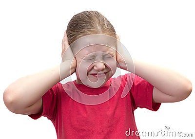 The girl has closed ears hands Stock Photo