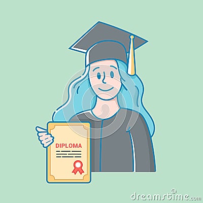 Girl in a hat and gown holds a diploma in education in her hand. high school graduation. Stock Photo